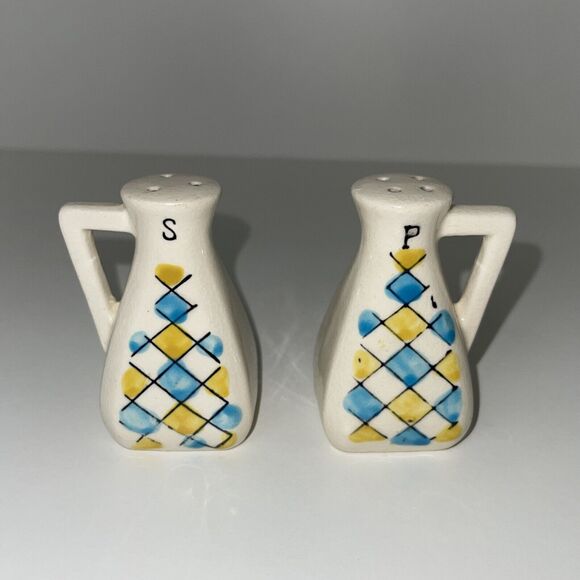 Geometric Blue and Yellow Salt and Pepper Shaker Set Vintage Diamond Japan - Picture 1 of 6
